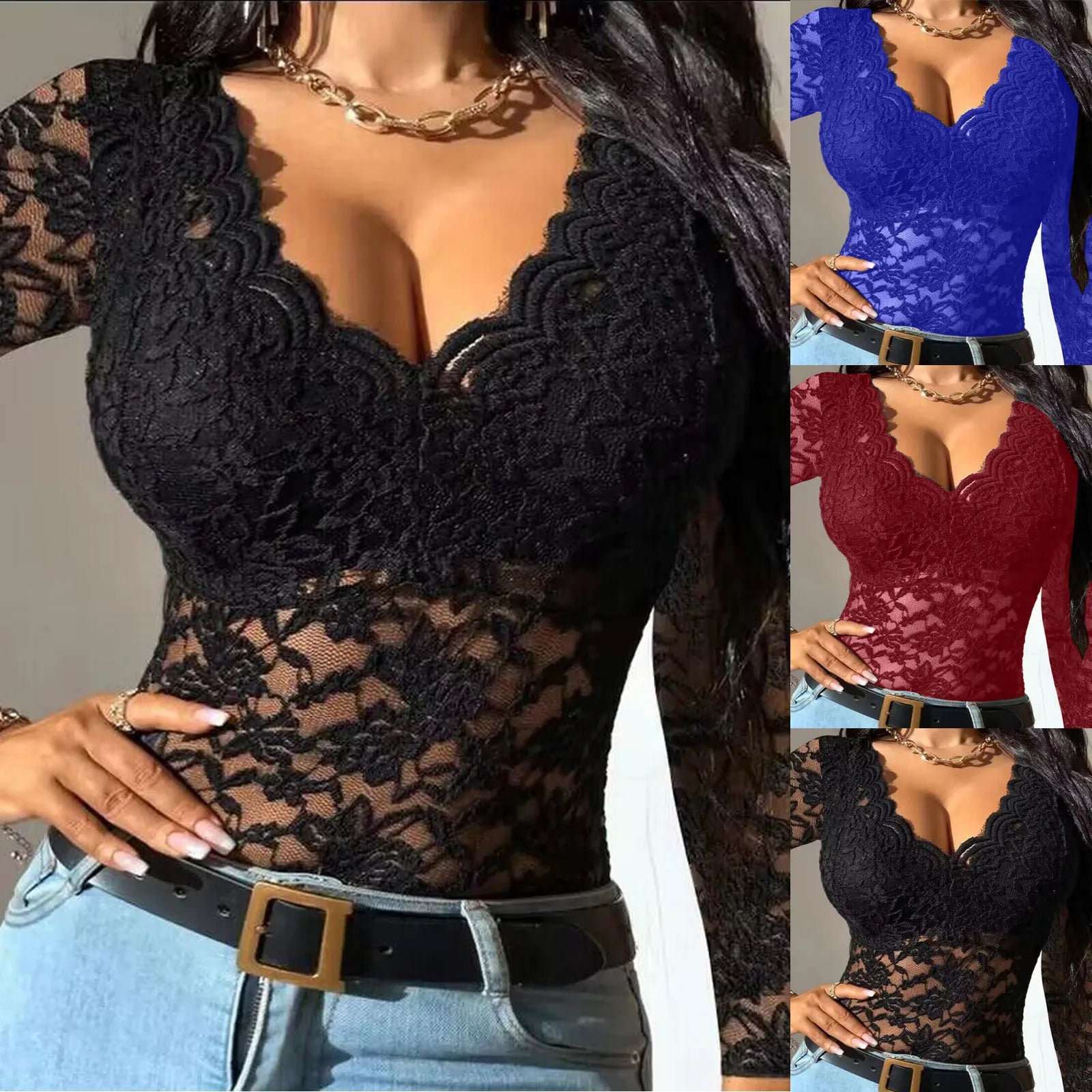 New Women Slim Tunic Lace V Neck T-shirt Elegant Summer Long Sleeve Flower Embroidery See-through Shirt Tops Blouse Mesh Fabric Canvas Fabric Denim Fabric