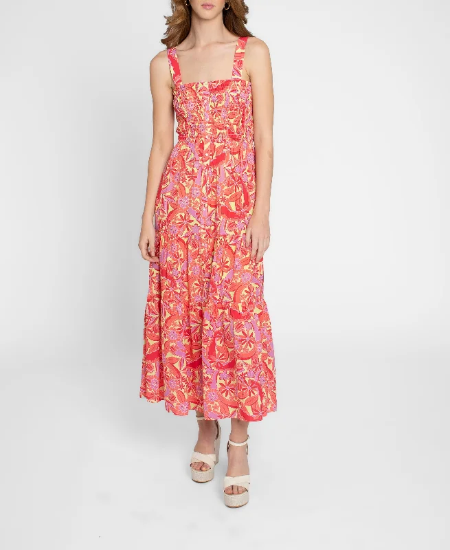 Nicole Miller Printed Smocked Midi Dress Trendy Off-Shoulder Button Midi Dress