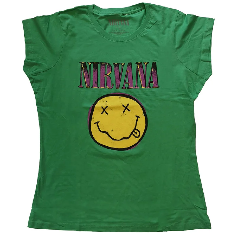 Nirvana Ladies T-Shirt: Xerox Happy Face Pink Wool Fabric Cashmere Fabric Tweed Fabric