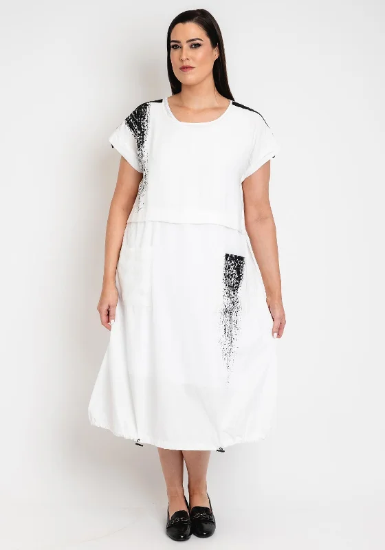 Ora Curve Placement Print Drawstring Hem Midi Dress, White Stylish Color Block Midi Dress