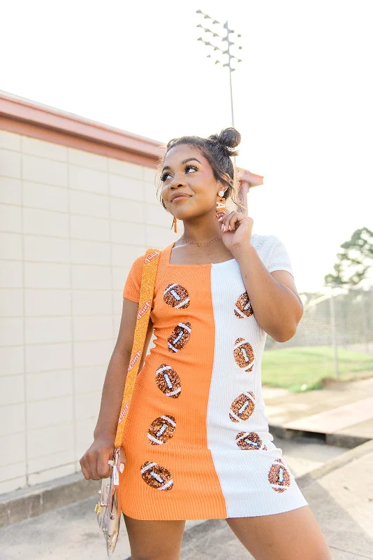 Orange & White Football Knit Mini Dress Cozy Sweater Mini Dress