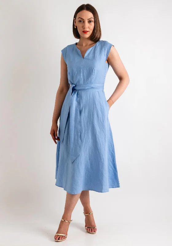 Oui Linen Cotton Fit and Flare Midi Dress, Light Blue Stylish Button-Down Midi Dress