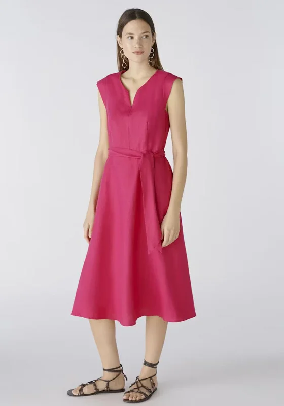 Oui Linen Cotton Fit and Flare Midi Dress, Pink Trendy Shift Midi Dress