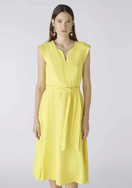 Oui Linen Cotton Fit and Flare Midi Dress, Yellow Fashionable Off-Shoulder Dress Midi