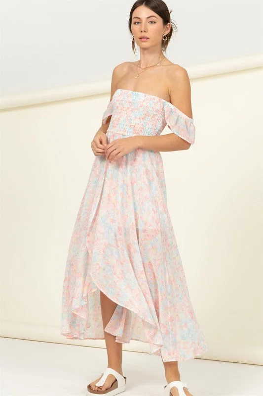 PASTEL FLORALS SMOCKED MIDI DRESS Stylish Wraparound Midi Dress