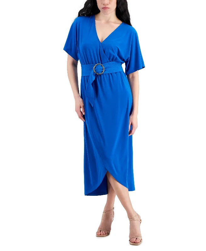 Petite Belted Faux-Wrap Midi Dress Stylish High-Waisted Midi Dress