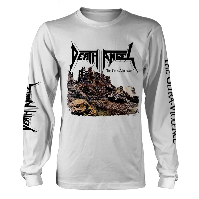 Death Angel Unisex Long Sleeved T-shirt: The Ultra-Violence (White) (back print) Boxy Fit Fitted Loose