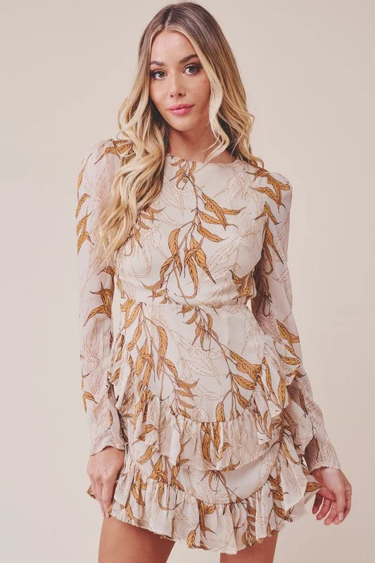 Printed Ruffle Long-Sleeved Tiered Mini Dress Comfortable Smocked Mini Dress