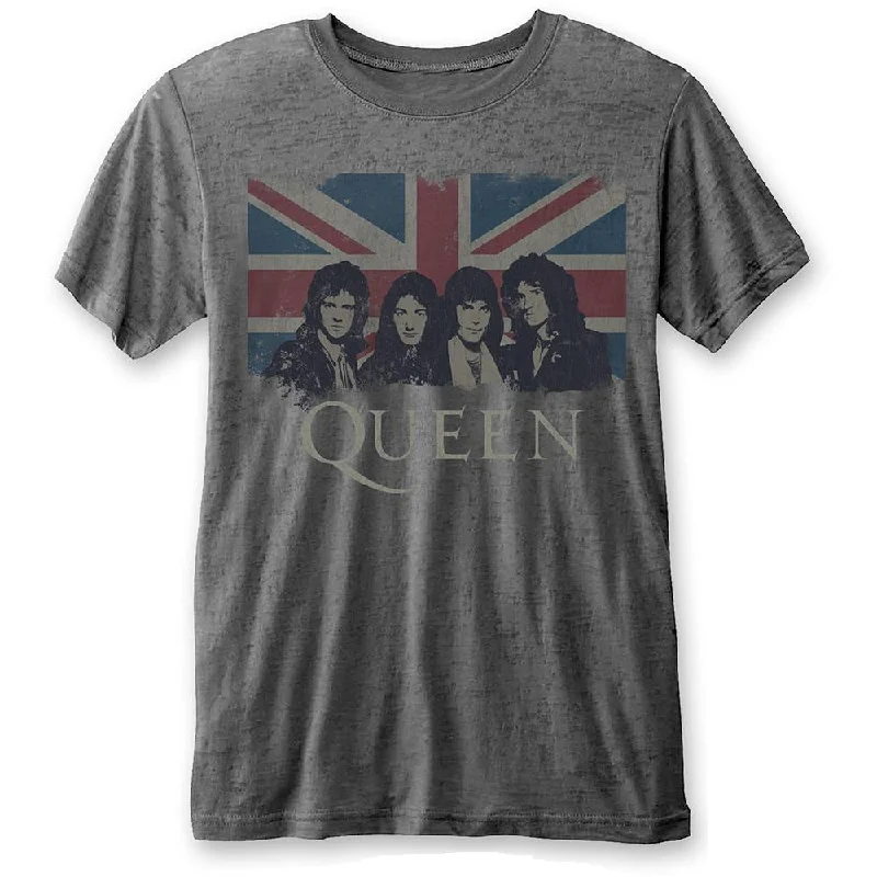 Queen Unisex Fashion T-Shirt: Vintage Union Jack (Burn Out) Mesh Blend Leather Blend Suede Blend