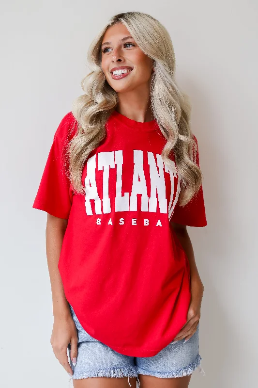 Red Atlanta Baseball Block Letter Tee Sequined Glittery Shiny