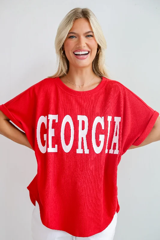 Red Georgia Ribbed Oversized Tee Mesh Blend Leather Blend Suede Blend