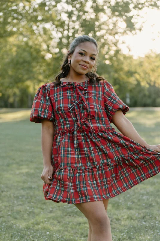 Red Plaid Bow Detail Mini Dress Cozy Sweater Mini Dress