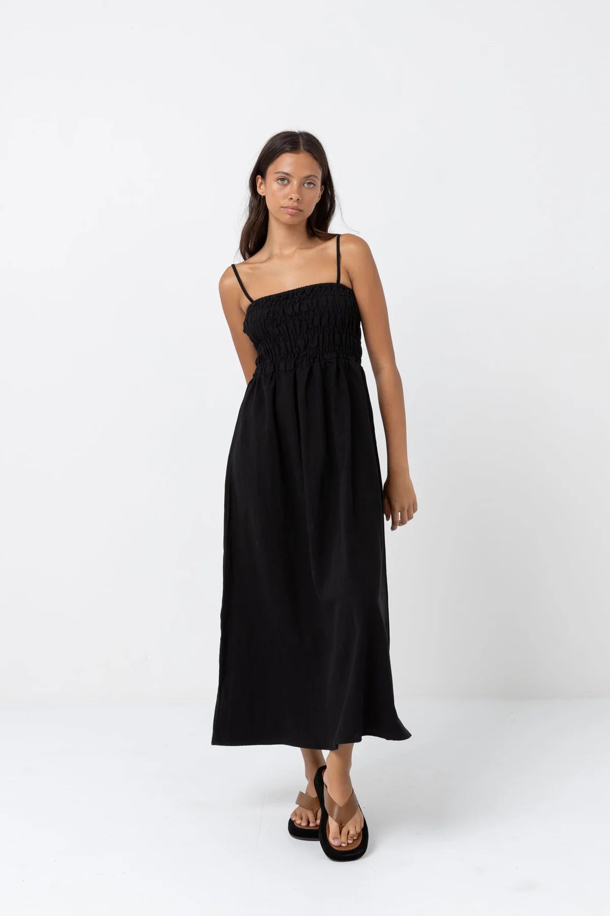 RHYTHM CLASSIC SHIRRED MIDI DRESS - BLACK Stylish Button-Up Midi Dress