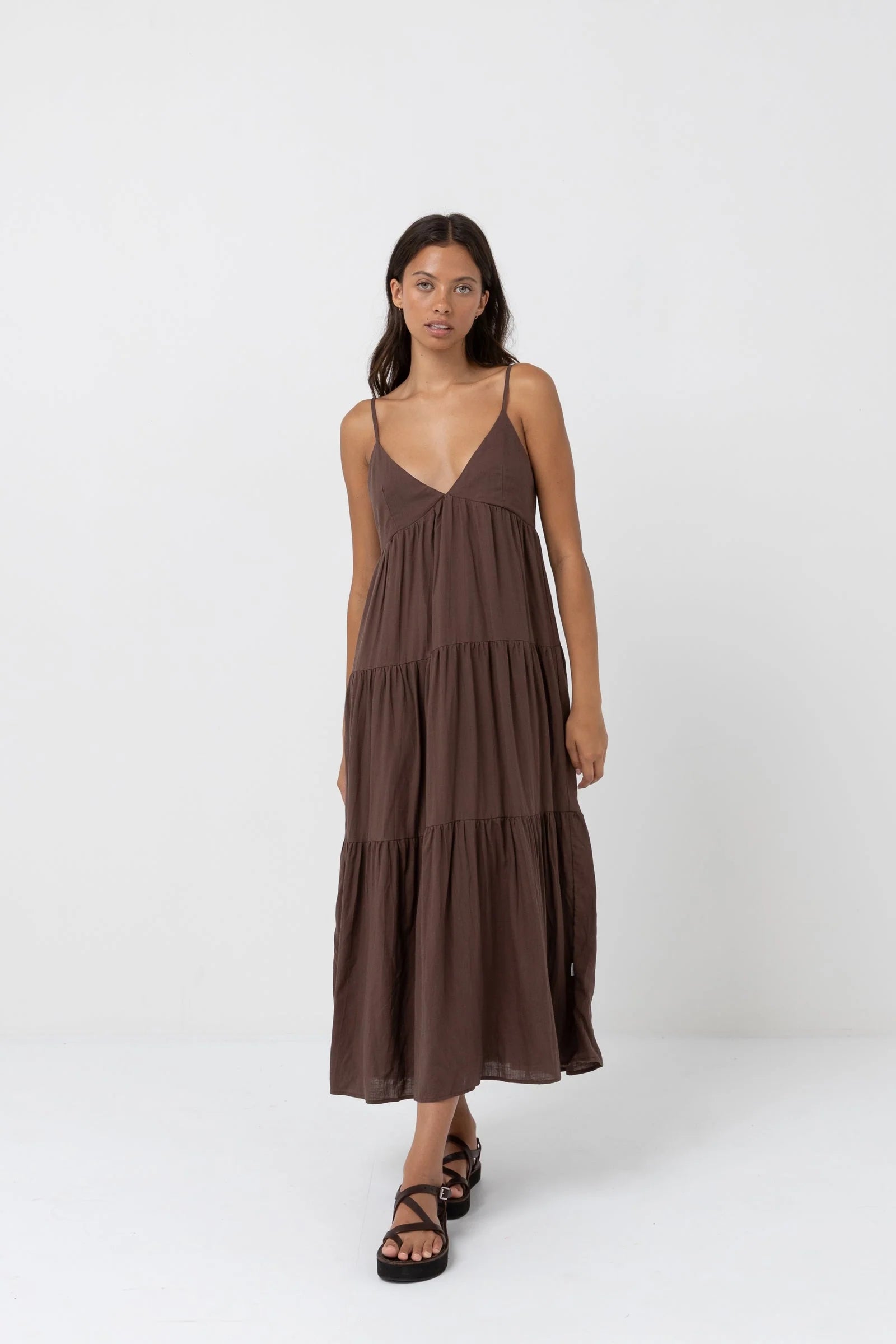 RHYTHM CLASSIC TIERED MIDI DRESS - CHOCOLATE Trendy Flared Sleeve Midi Dress