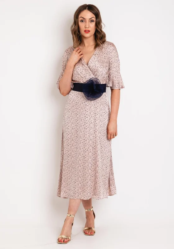 Role Mode Vilasi Polka Dot Midi Dress, Nude Fashionable Sheer Sleeve Midi Dress