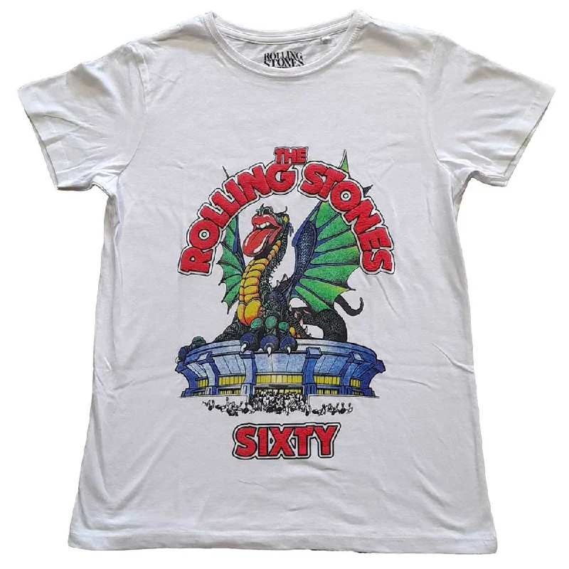 The Rolling Stones Ladies T-Shirt: Sixty Stadium Dragon (Puff Print) Graphic Embroidered Appliqued