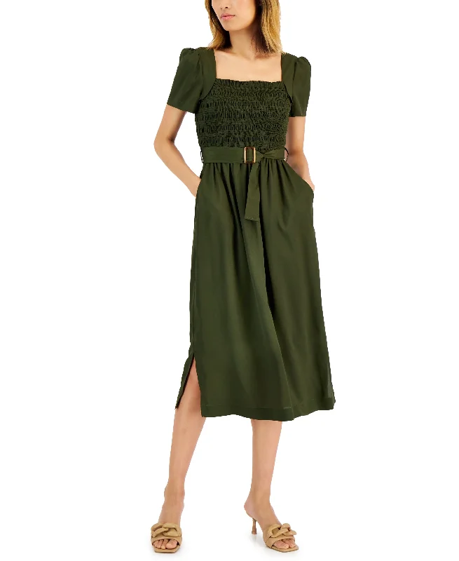 Tahari Asl Womens Smocked Top Belted Midi Dress Trendy Fit-and-Flare Midi Dress