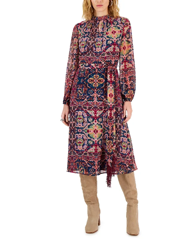 Tahari Asl Womens Tapestry Print Chiffon Midi Dress Trendy Mock Neck Midi Dress