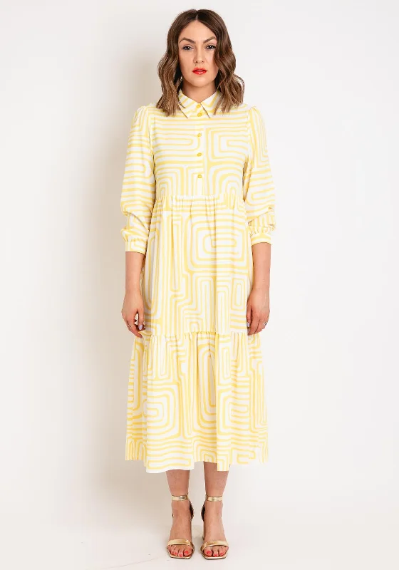 This Girl Curiosity Elora Geo Print Midi Dress, Yellow Trendy Flared Sleeve Midi Dress