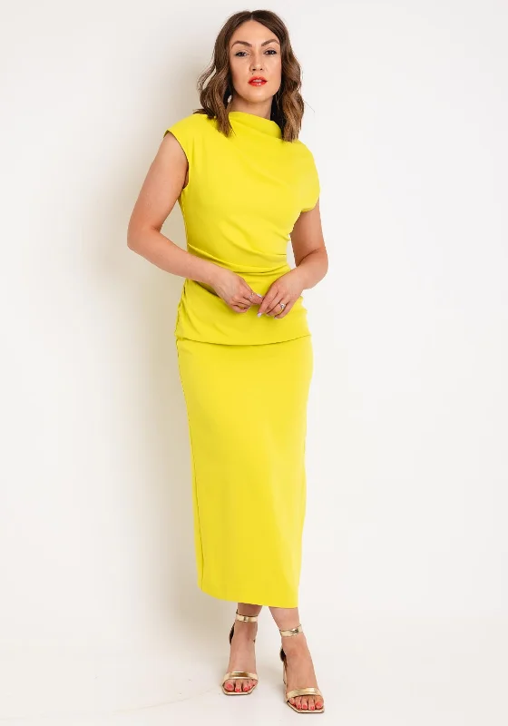 This Girl Curiosity Emily Cowl Neck Midi Dress, Lime Elegant Pleated Detail Midi Dress