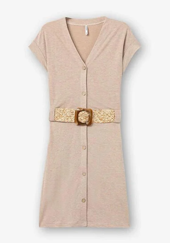 Tiffosi Chile Woven Belt Mini Dress, Beige Modern Satin Mini Dress