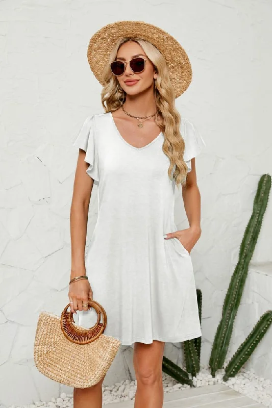 Ruffle Sleeve Shirt Cover Up Beach Mini Dress Comfortable Shift Mini Dress