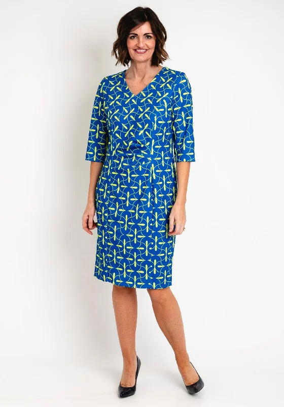 Via Veneto Printed Ruched Midi Dress, Royal Blue & Lime Stylish Animal Print Midi Dress