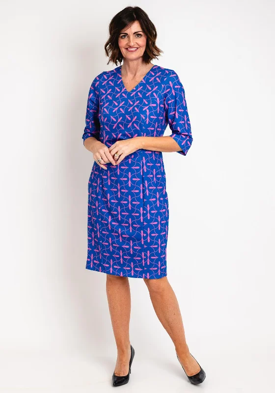 Via Veneto Printed Ruched Midi Dress, Royal Blue & Pink Trendy Flared Sleeve Midi Dress