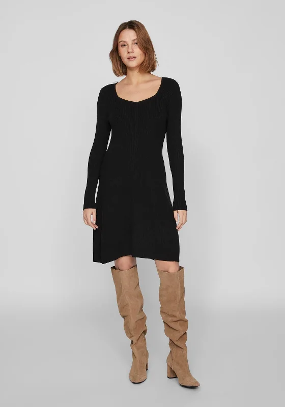 Vila Maxinia Square Neck Rib Knit Mini Dress, Black Comfortable Bodycon Mini Dress