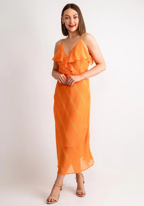 Vila Mina Frill Wrap Midi Dress, Sun Orange Elegant Floral Midi Dress