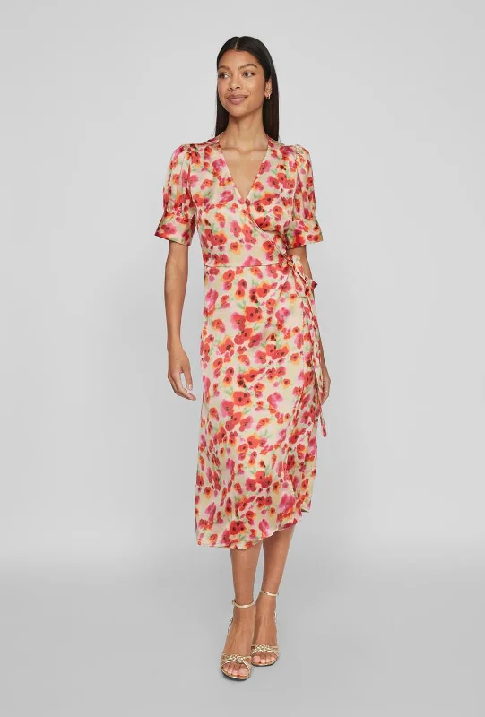 Vila Naria Floral Wrap Midi Dress, Poppy Red Chic Floral Print Midi Dress