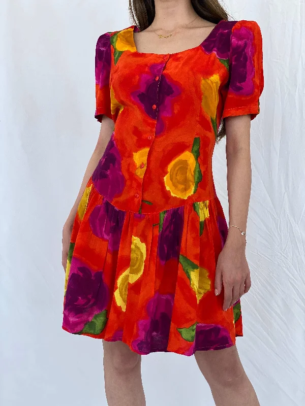 Vintage 80s La Li T Orange Floral Midi Dress - L Fashionable Polka Dot Midi Dress