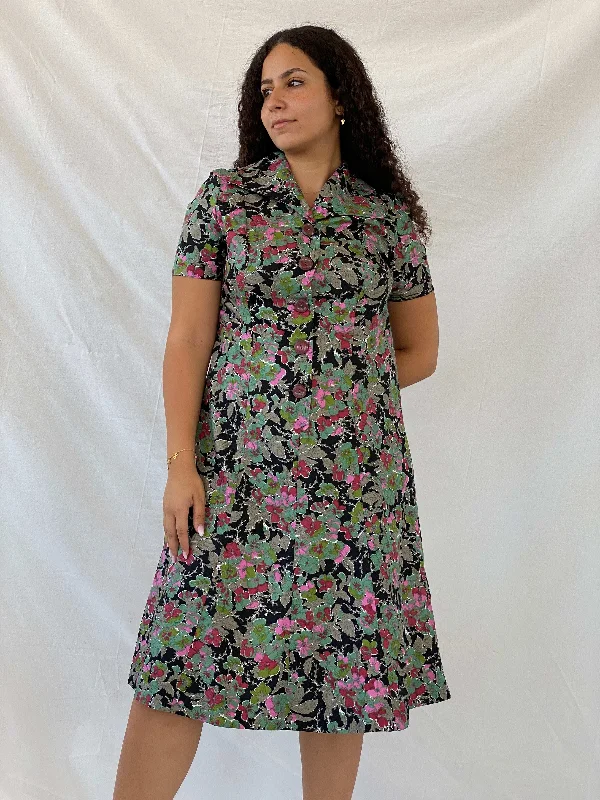 Vintage Handmade Floral Picnic Black and Green Midi Dress - L Elegant Faux Wrap Midi Dress