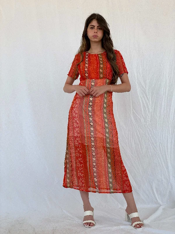 Vintage Kitty-K Orange Sheer Boho Print Midi Dress - M Comfortable Ruched Midi Dress