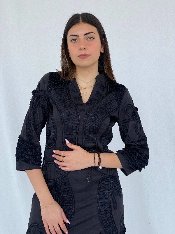 Vintage Niza Moda Bohemian 3/4 Sleeve Black Midi Dress Size M Comfortable Denim Midi Dress