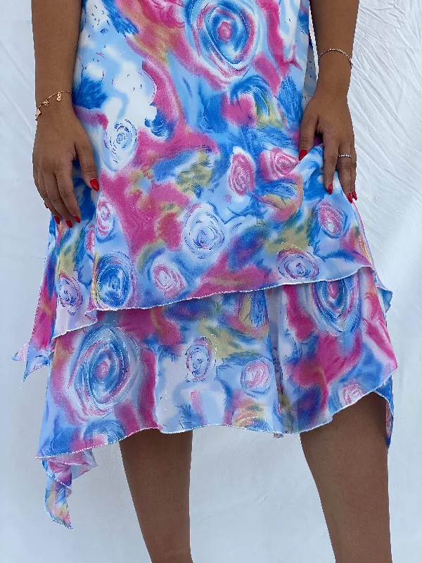 Vintage TYC Blue and Pink Floral Spaghetti Strap Midi Dress - XL Trendy Ruffled Sleeve Midi Dress