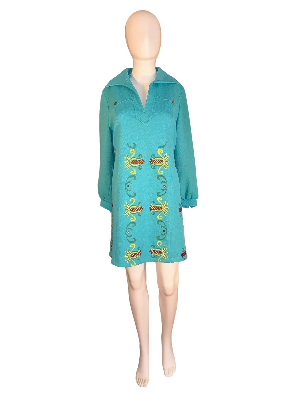 Vintage Wide Lapel Dress Turquoise Hand Painted Mini/Midi Dress 1970s Fashionable Off-Shoulder Dress Midi