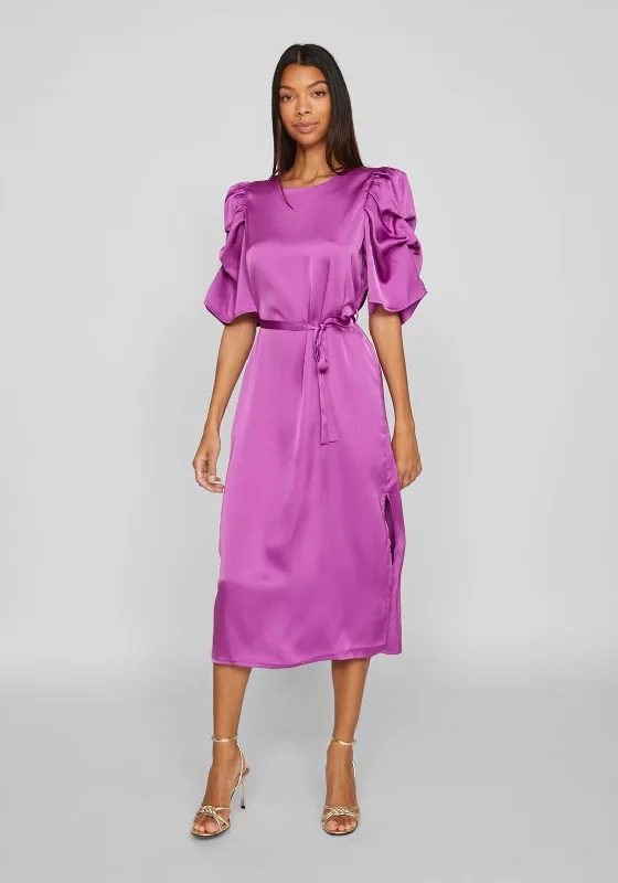 Vila Ravenna Satin Puff Sleeve Midi Dress, Cattleya Orchid Cozy Wide Strap Midi Dress