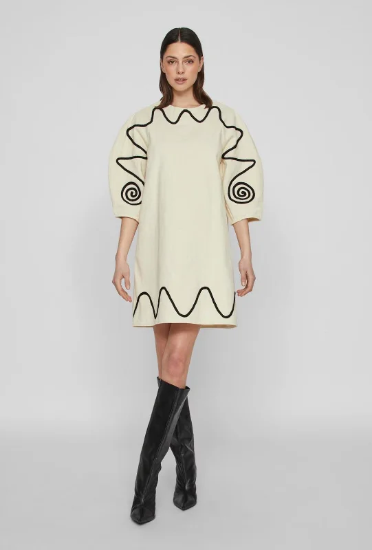 Vila Sada Embroidered Cotton Mini Dress, Cloud Dancer Elegant Mini Dress with Pleats