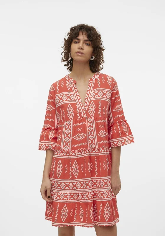 Vero Moda Dicthe Printed Tunic Smock Mini Dress, Cayenne Stylish Short Sleeve Mini Dress