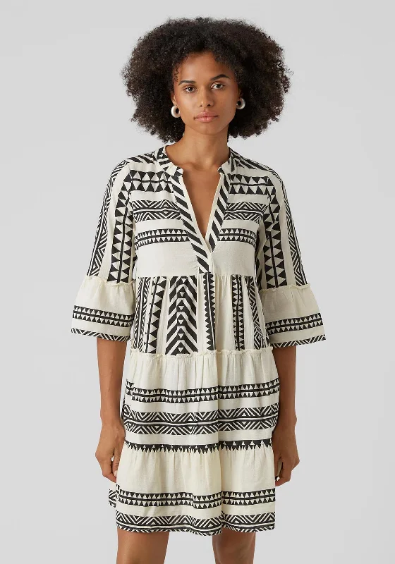 Vero Moda Dicthe Printed Tunic Smock Mini Dress, Snow White & Black Comfortable Fit-and-Flare Mini Dress