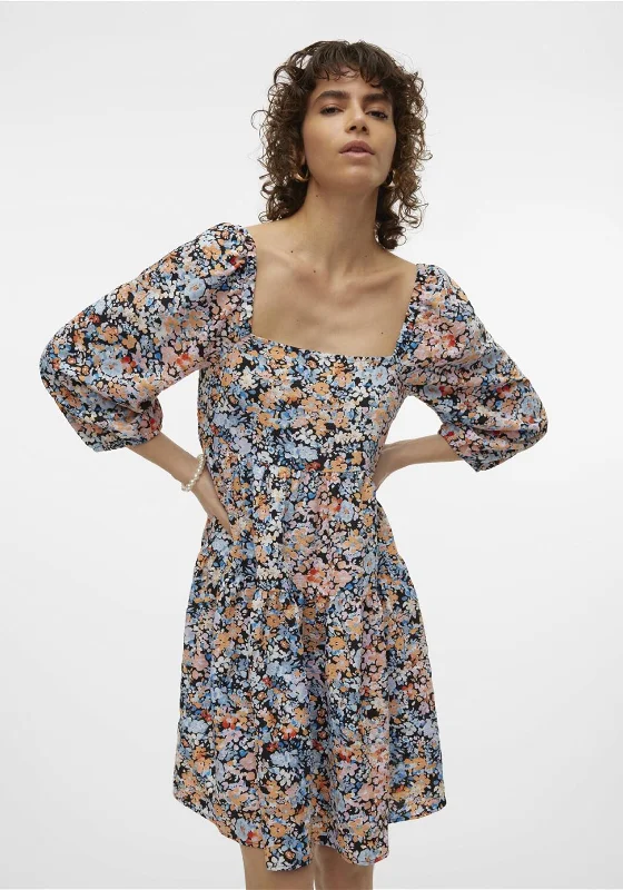 Vero Moda Ginny Floral Mini Dress, Black Trendy Off-Shoulder Dress Mini