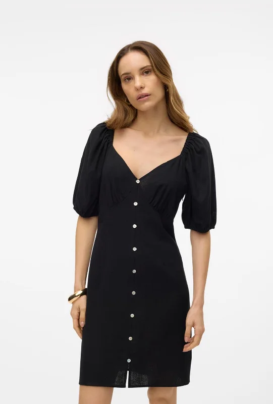 Vero Moda Mymilo Linen Blend Button Mini Dress, Black Trendy Lace Mini Dress