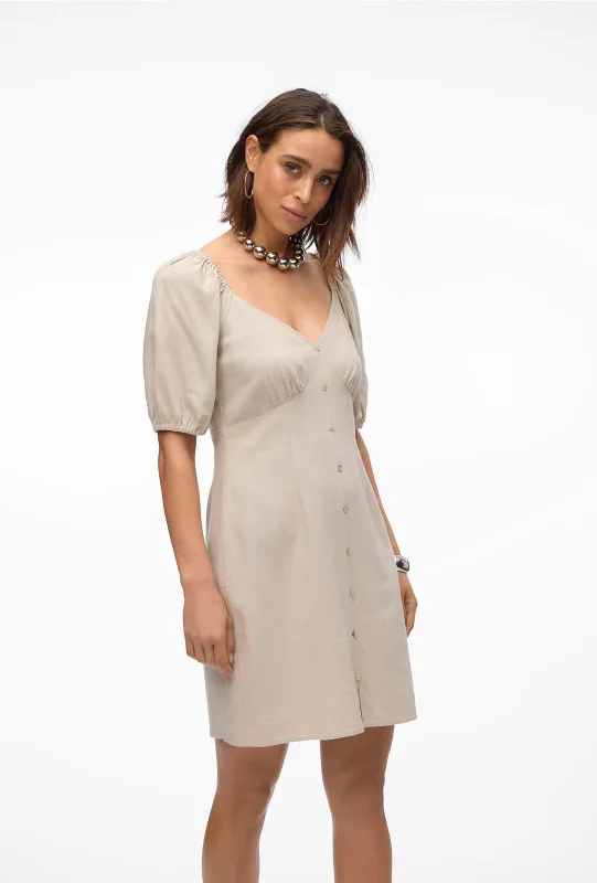 Vero Moda Mymilo Linen Blend Button Mini Dress, Silver Lining Fashionable Mini Dress with Slits