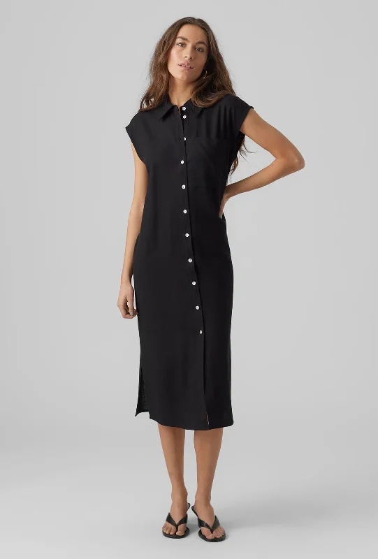 Vero Moda Mymilo Linen Blend Shirt Midi Dress, Black Comfortable Short Sleeve Midi Dress