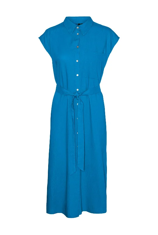 Vero Moda Mymilo Linen Blend Shirt Midi Dress, Ibiza Blue Elegant Faux Wrap Midi Dress