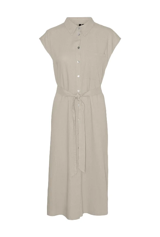 Vero Moda Mymilo Linen Blend Shirt Midi Dress, Silver Lining Stylish Midi Dress with Cuffs