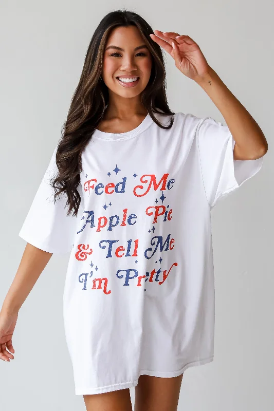 FINAL SALE - White Feed Me Apple Pie & Tell Me I'm Pretty Graphic Tee Embroidered Appliqued Beaded