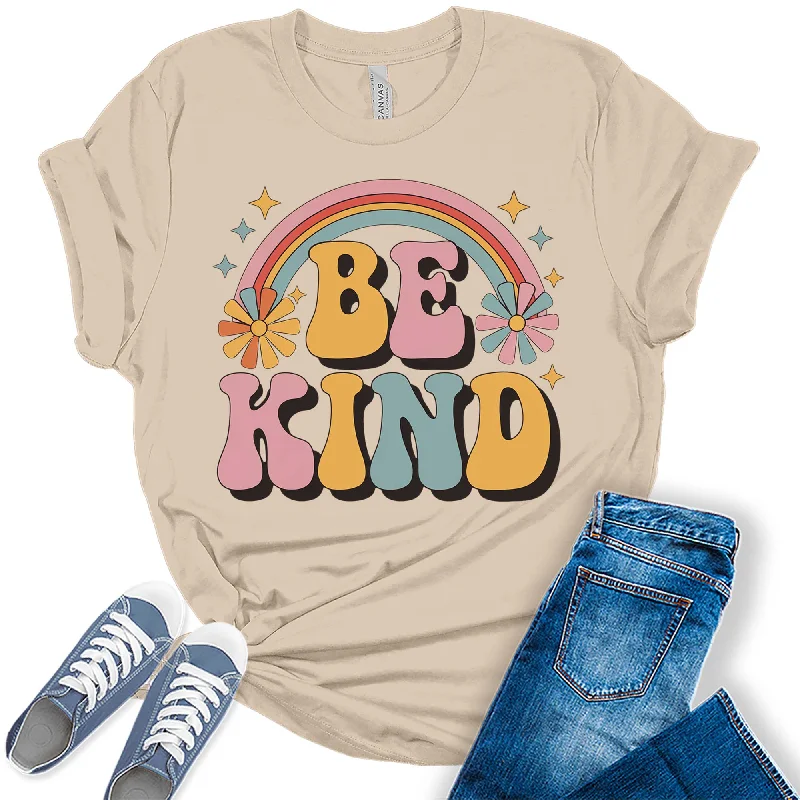 Womens Be Kind Floral Vintage Retro Rainbow Trendy Graphic Tees Chenille Brocade Lace