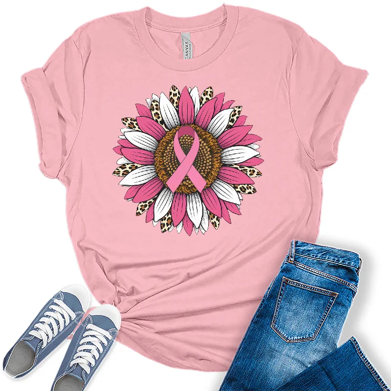 Women's Breast Cancer Ribbon Awareness Sunflower Leopard Print Graphic Tees Elegant Classic Vintage